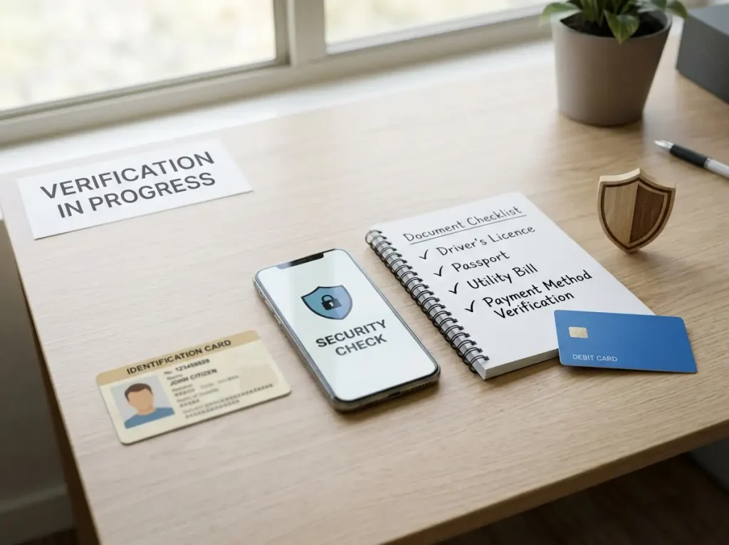 A neutral account security scene with an identification card, smartphone, document checklist and privacy shield icon on a desk