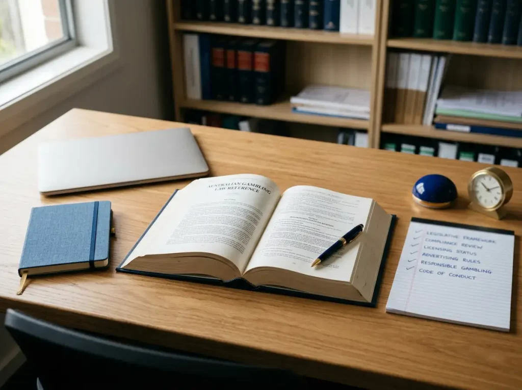 A neutral desk scene with an Australian legal reference book, a laptop and responsible gambling notes