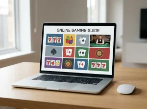 A neutral casino game browsing scene with abstract slot tiles, card-table symbols and live-dealer style interfaces on a laptop screen