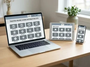 A smartphone and tablet displaying a neutral responsive casino interface beside a laptop on a clean desk