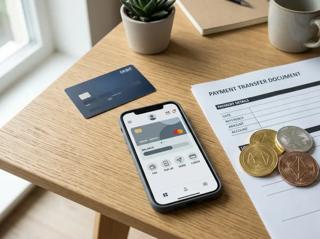 A neutral payment planning scene with a bank card, smartphone wallet icons and abstract cryptocurrency tokens on a desk